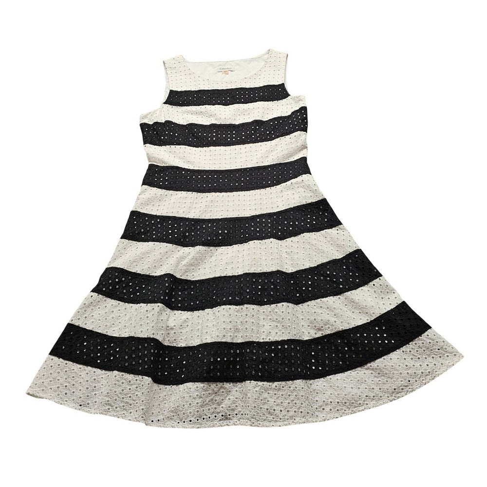 Calvin Klein Striped Eyelet Fit and Flare Dress Womens 8 White Black Sleeveless